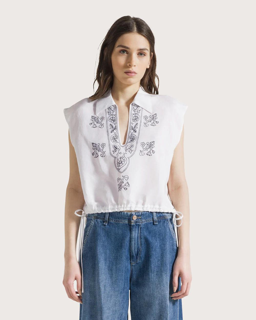 Camicia ricamata viscosa/lino ricamo cordoncino