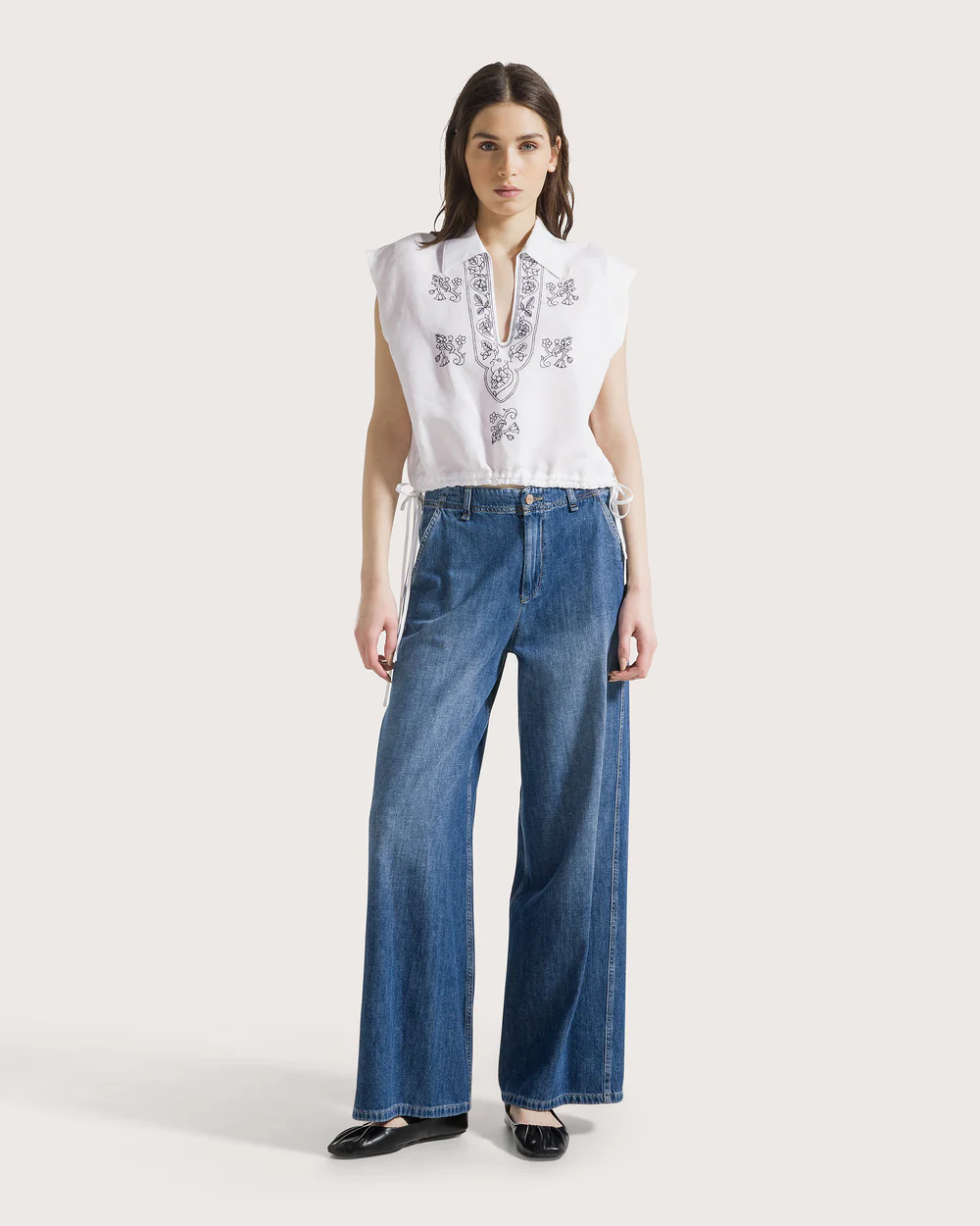 Camicia ricamata viscosa/lino ricamo cordoncino