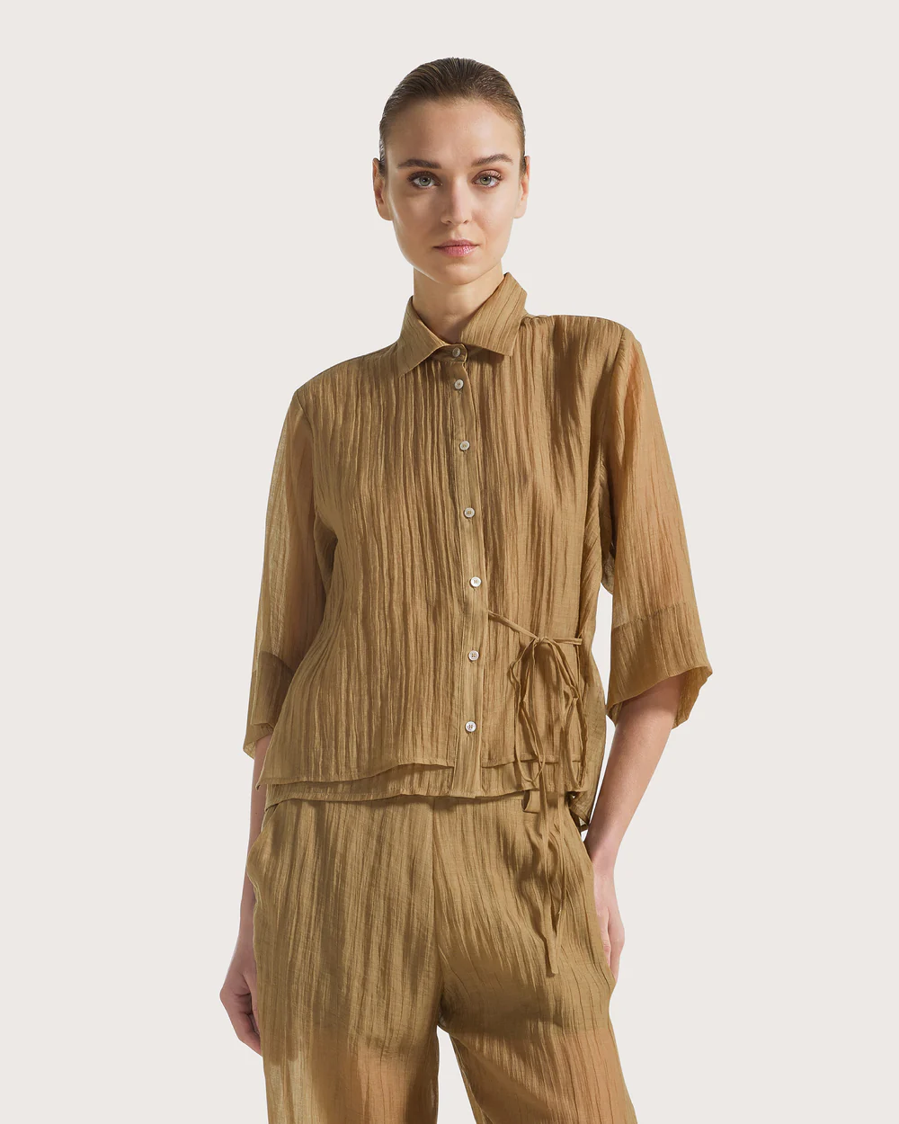 Camicia voile unito fiammato stropicciato permanente