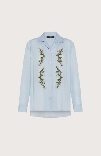 Camicia Donna Azzurra Seventy tela viscosa unita ric. a mano fiori piazzati