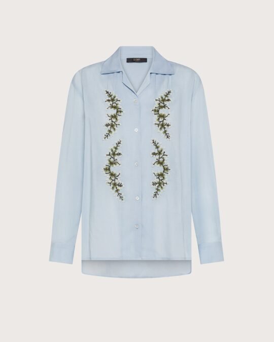 Camicia Donna Azzurra Seventy tela viscosa unita ric. a mano fiori piazzati