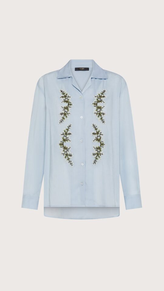 Camicia Donna Azzurra Seventy tela viscosa unita ric. a mano fiori piazzati