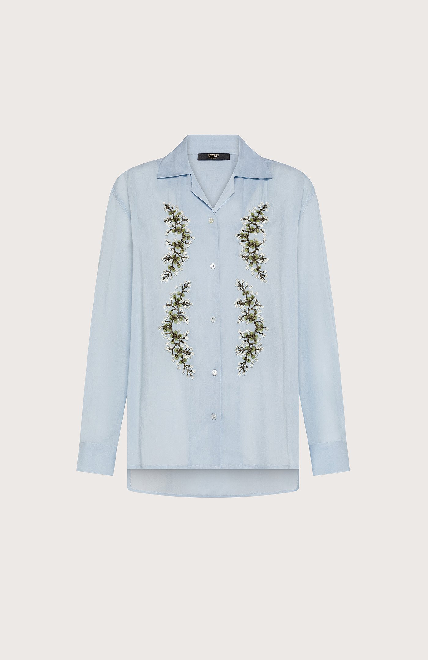 Camicia Donna Azzurra Seventy tela viscosa unita ric. a mano fiori piazzati