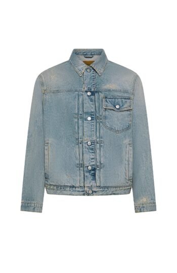 Giubbino uomo blu Cycle roby regular trucker jacket light blue wash repaired with dirty spots