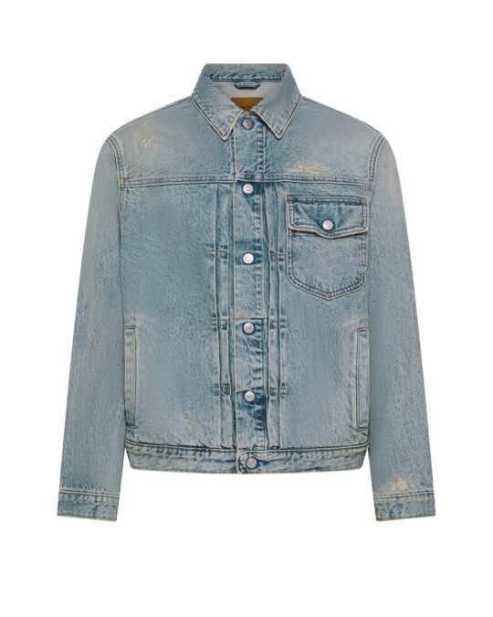 Giubbino uomo blu Cycle roby regular trucker jacket light blue wash repaired with dirty spots