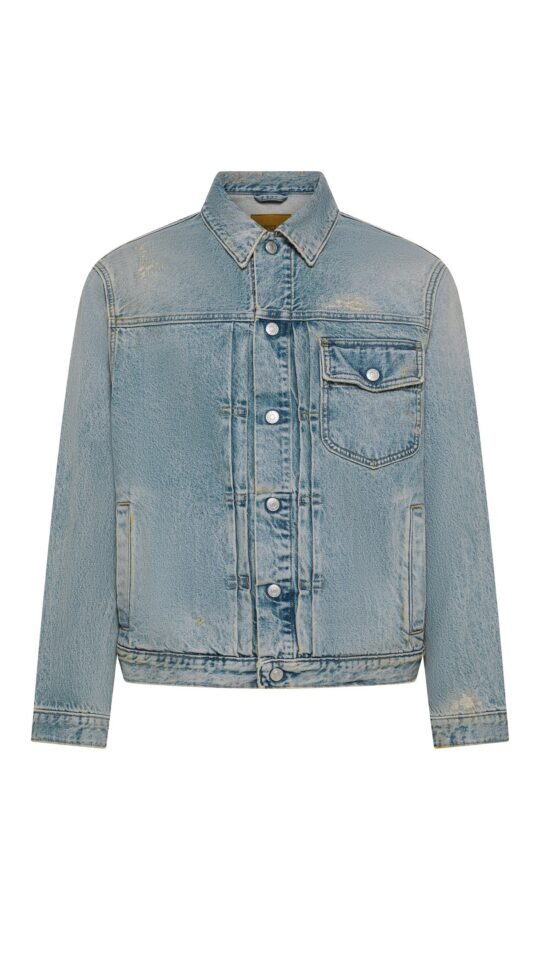 Giubbino uomo blu Cycle roby regular trucker jacket light blue wash repaired with dirty spots