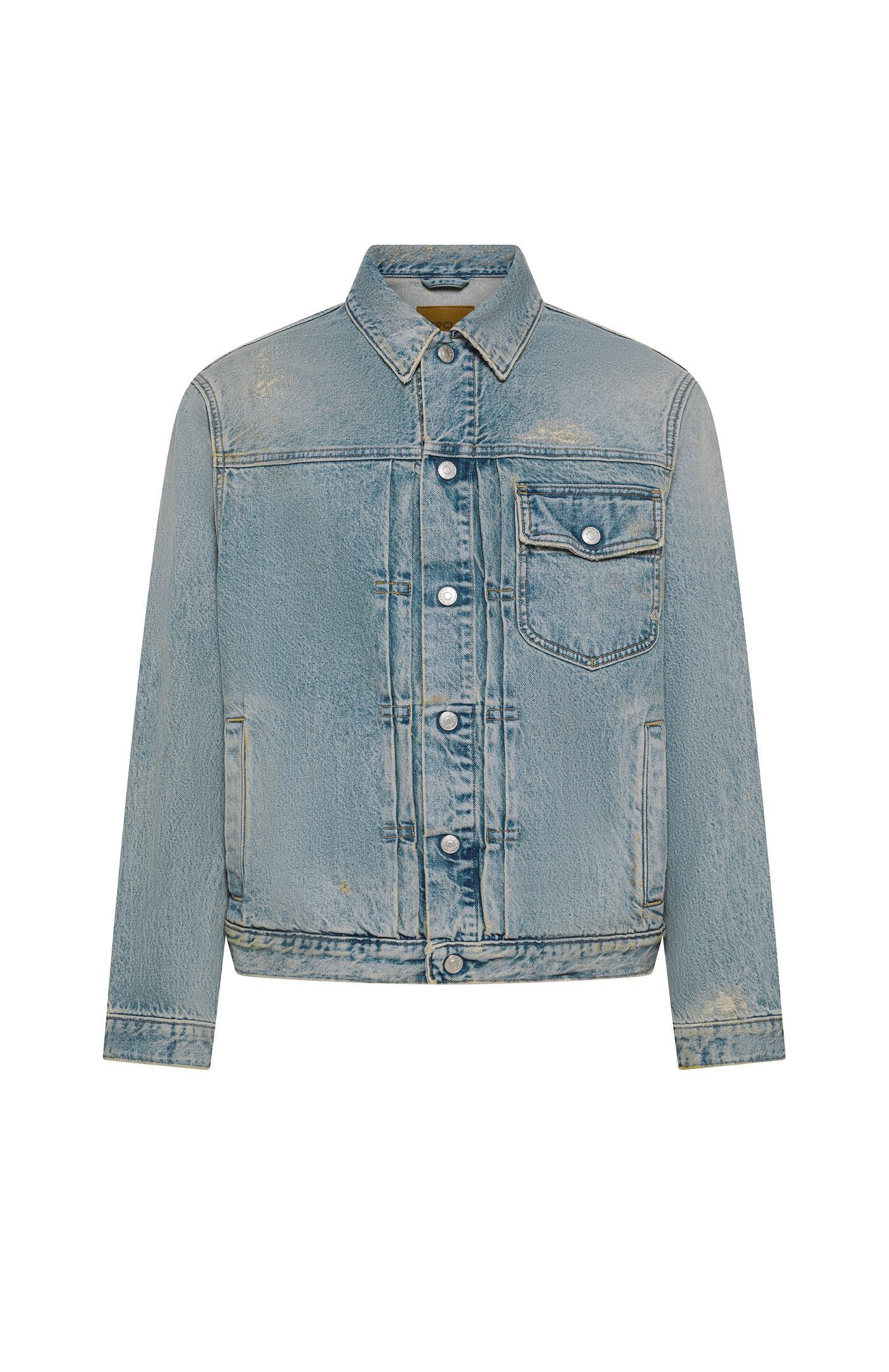Giubbino uomo blu Cycle roby regular trucker jacket light blue wash repaired with dirty spots