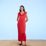 Abito donna Scollo a V in Raso rosso Stretch Crochè