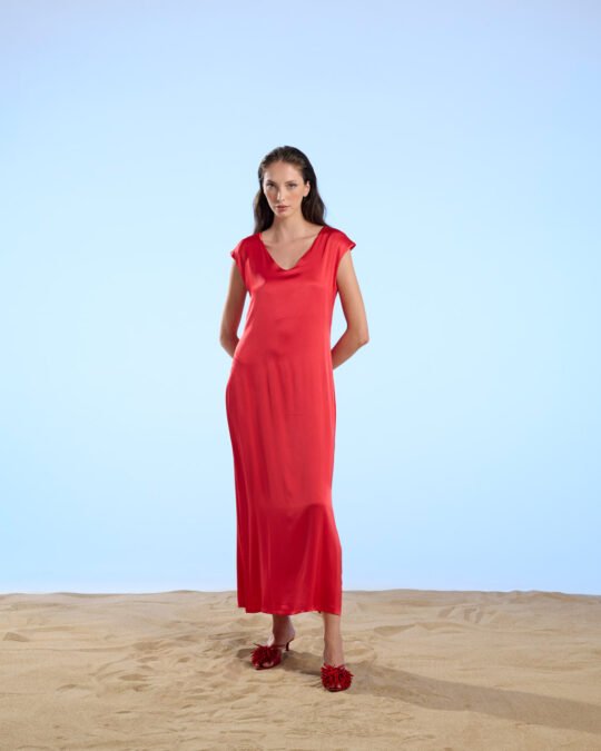Abito donna Scollo a V in Raso rosso Stretch Crochè