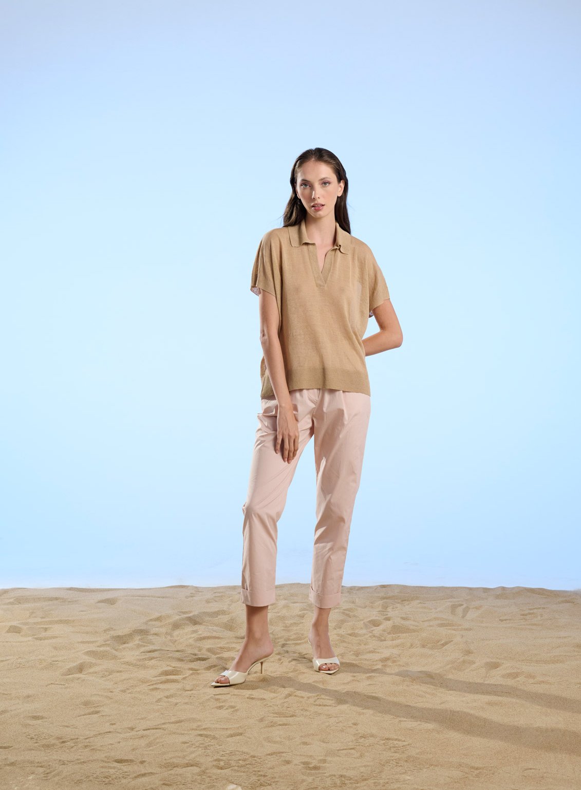 Polo Senza Bottoni Lino beige Crochè donna