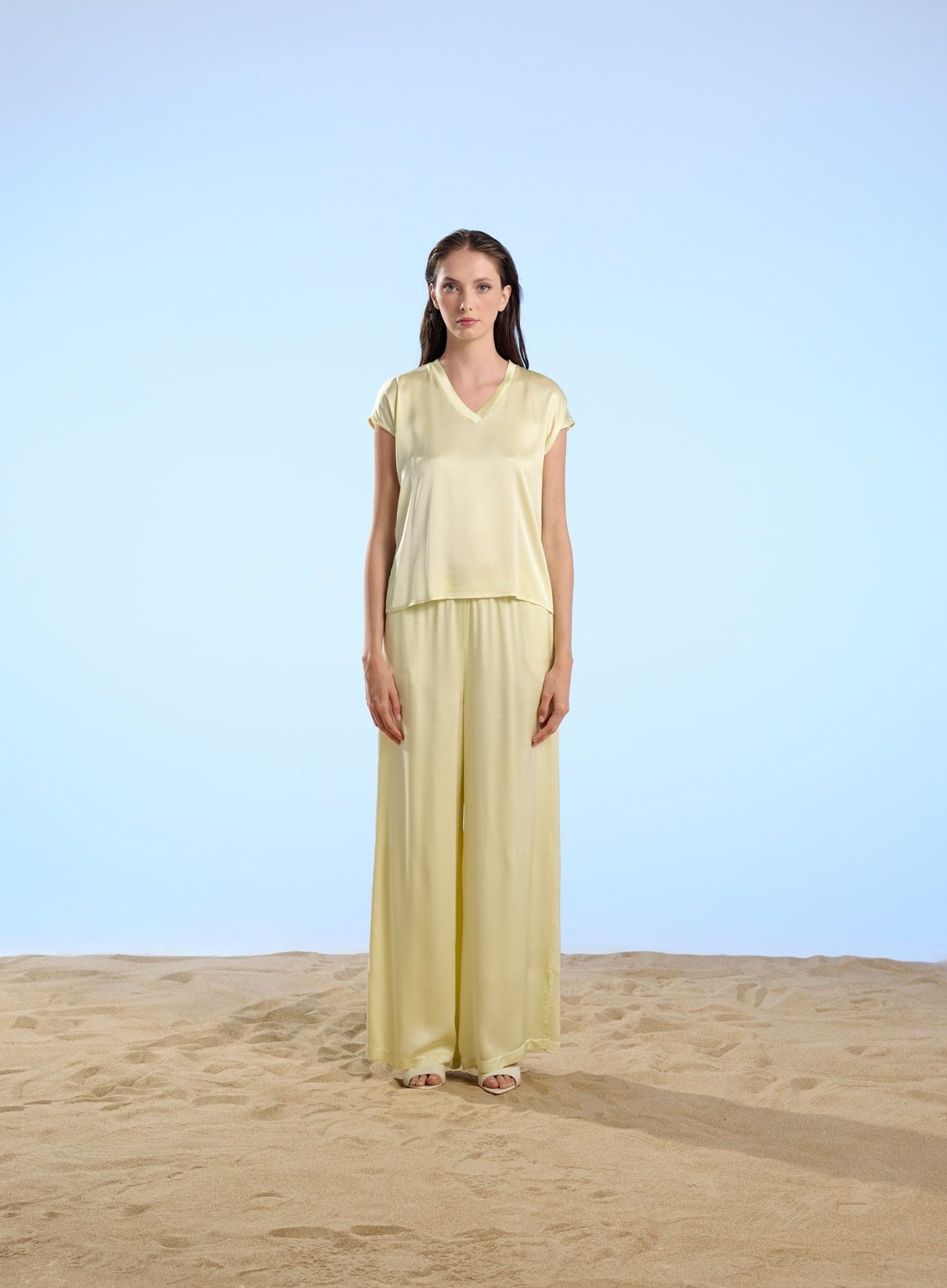 Pantaloni donna in raso colore giallo Crochè