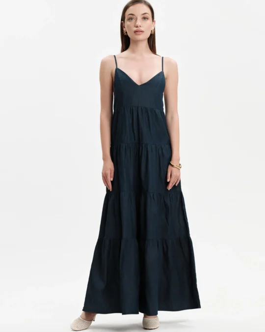 Abito lungo donna in chambray con balze White Wise