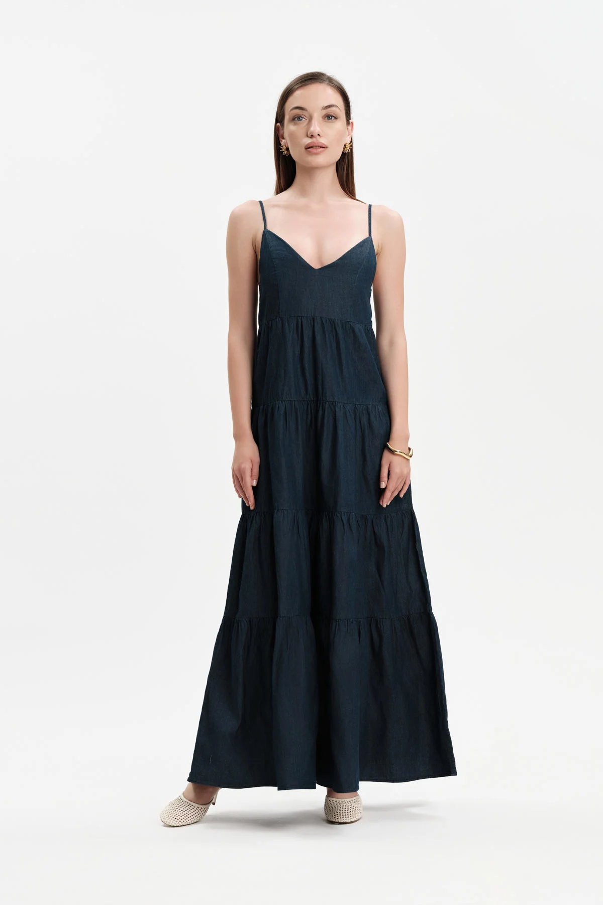Abito lungo donna in chambray con balze White Wise