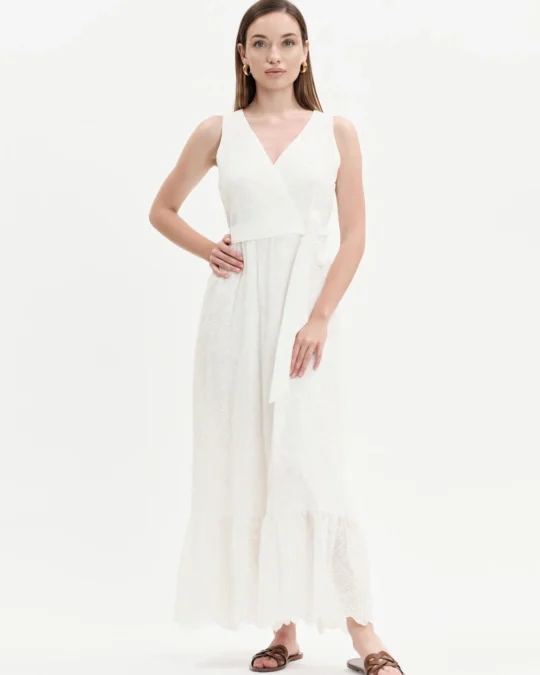 Abito lungo donna in sangallo con scollo incrociato White Wise
