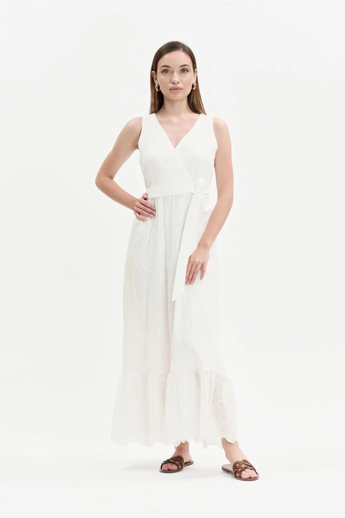 Abito lungo donna in sangallo con scollo incrociato White Wise