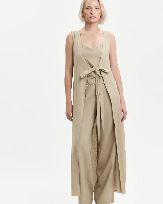 Top donna con perle in misto lino White Wise beige