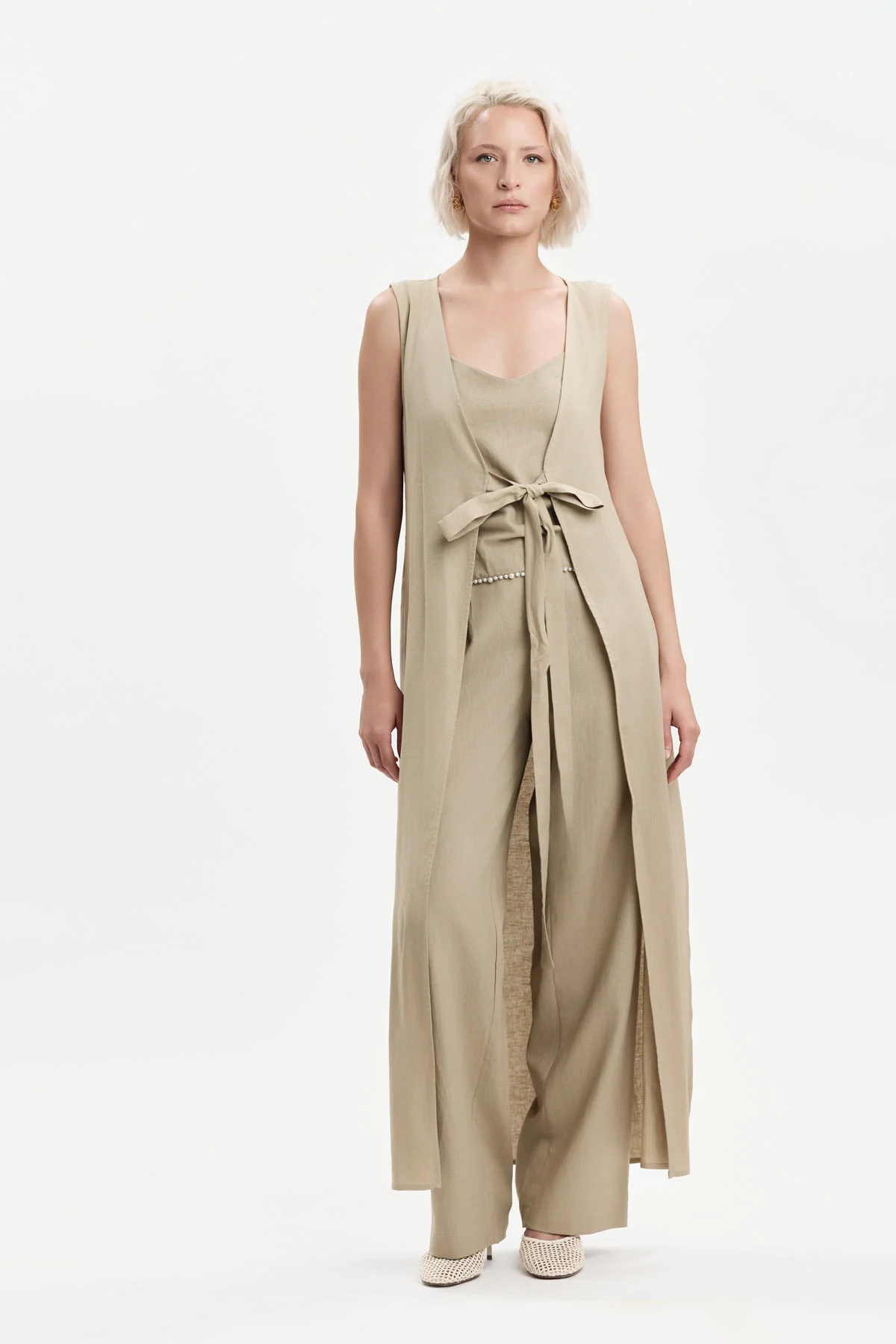 Top donna con perle in misto lino White Wise beige