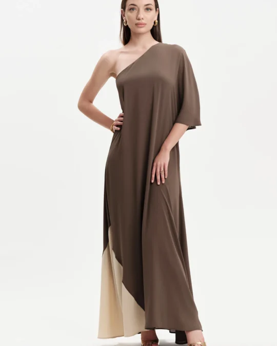 Abito monospalla donna in georgette bicolore lungo White Wise