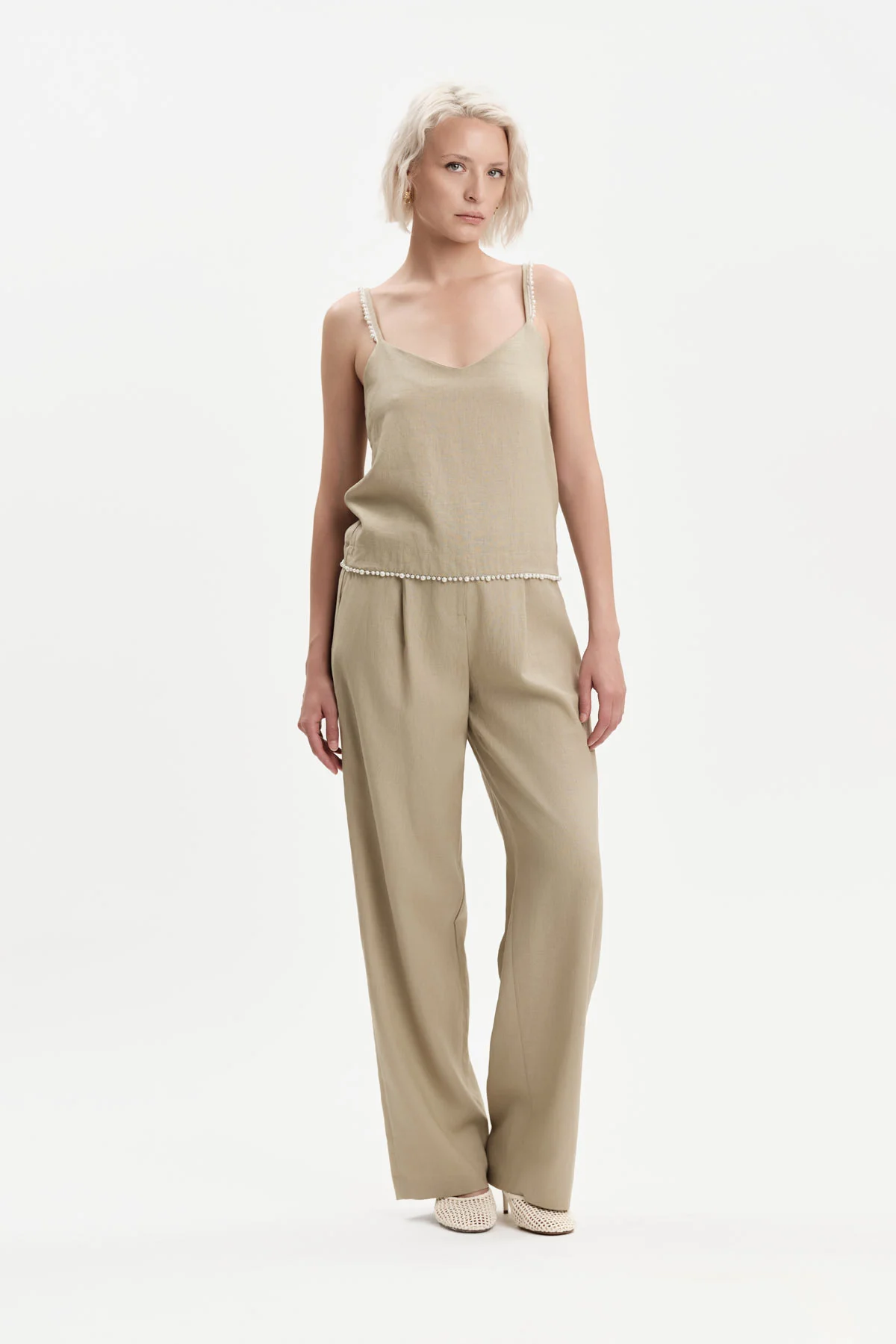 Top donna con perle in misto lino White Wise